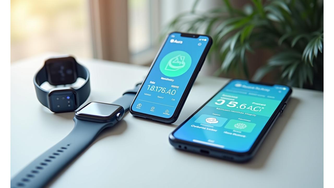 Interface de aplicativos de bem-estar Aura Plena em smartphones e um wearable, ilustrando a integração de dados e design moderno.