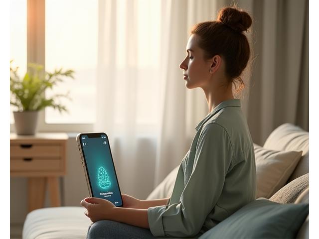 Uma pessoa serena praticando meditação com elementos gráficos de ondas cerebrais e um aplicativo de bem-estar visível em um dispositivo, focando na saúde mental.