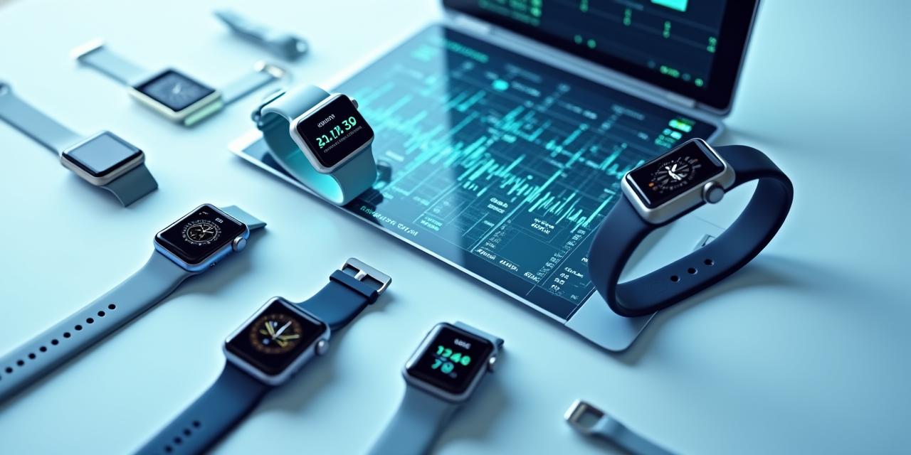 Múltiplos smartwatches e smartbands conectados a um painel de controle virtual em uma tela, simbolizando a integração de dispositivos de bem-estar.