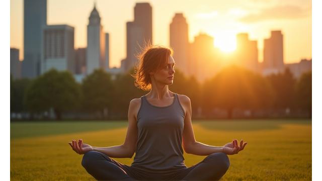 Pessoa praticando yoga em um parque com paisagem urbana ao fundo