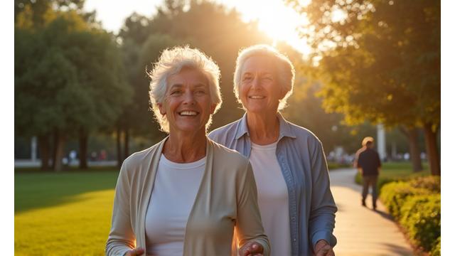 Idosos sorrindo e caminhando em um parque ensolarado
