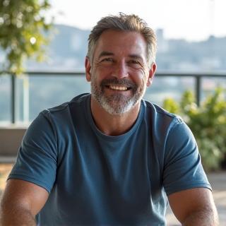 Foto de Carlos Mendes sorrindo, praticando meditação em sua varanda