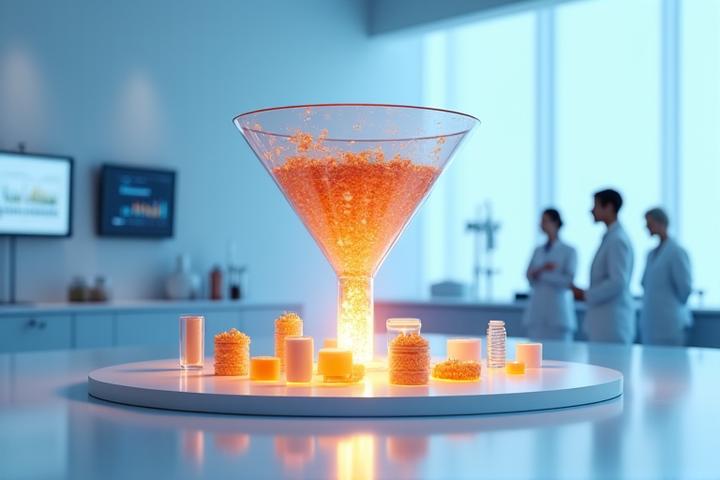Representação visual do processo de curadoria de produtos de bem-estar da Aura Plena, mostrando um funil de seleção de produtos com rigor científico e uma equipe de especialistas analisando.