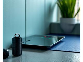 Equipamentos inteligentes de fitness, com um monitor de atividade, balança inteligente e fones esportivos, em um ambiente de treino moderno.