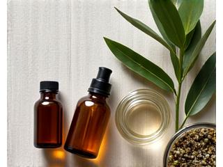 Óleos essenciais em frascos de vidro, chás de ervas e produtos de skincare orgânicos dispostos artisticamente.