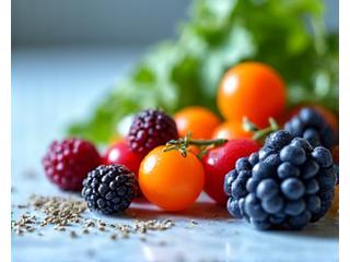 Alimentos orgânicos e ingredientes de nutrição funcional dispostos numa bancada de cozinha elegante.