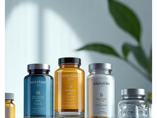 Variedade de suplementos premium, como potes de vitaminas, probióticos e nootrópicos em embalagens elegantes.