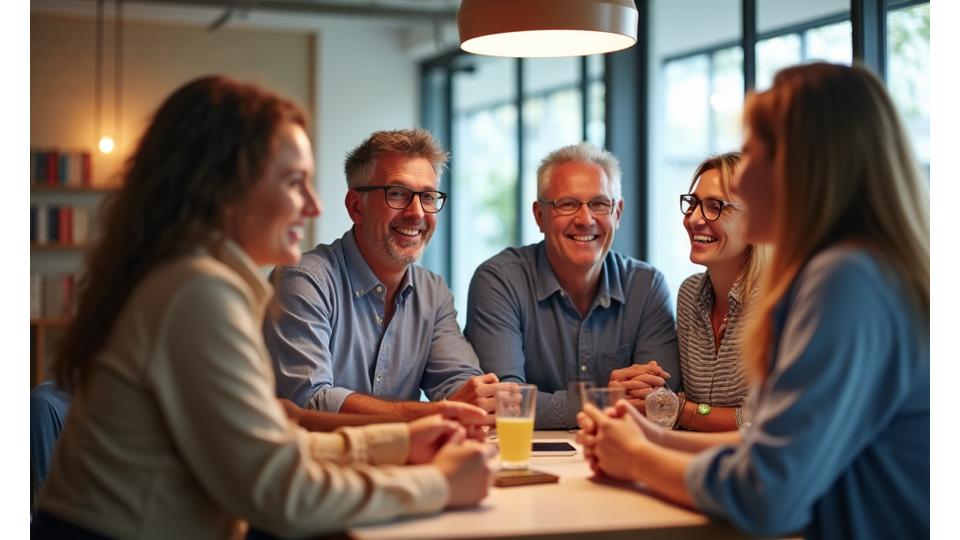 Adultos de diversas idades sorrindo e interagindo num ambiente de comunidade online, simbolizando conexão e suporte