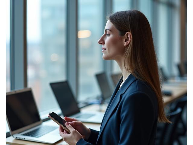Pessoa em um escritório moderno fazendo uma micropausa de mindfulness, simbolizando a integração da prática na rotina