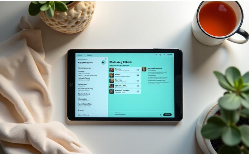 Biblioteca digital de audioguides de meditação, com um tablet exibindo diversas opções de sessões