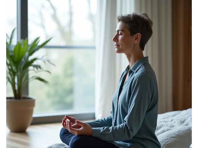 Mulher tranquila meditando em um ambiente moderno e natural, focando no bem-estar digital e na paz interior