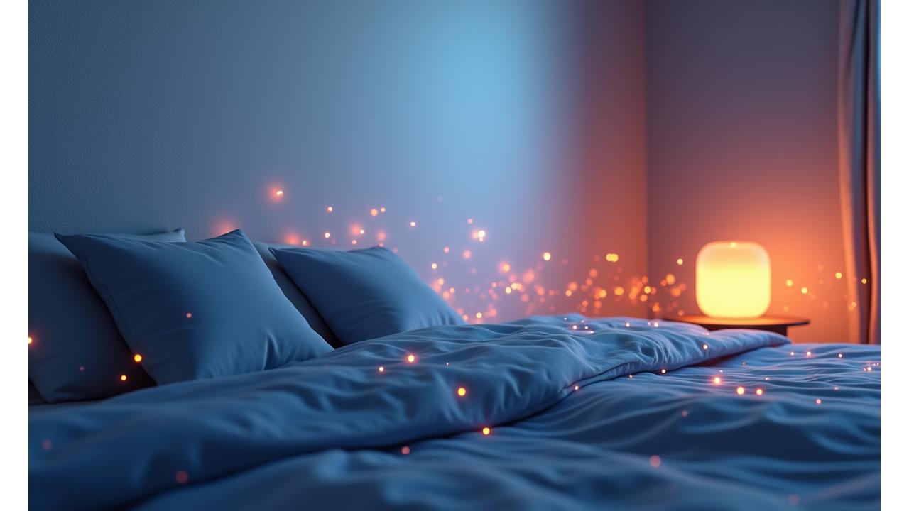 Visualização do ciclo diurno e noturno com elementos de tecnologia, representando a transformação do sono.