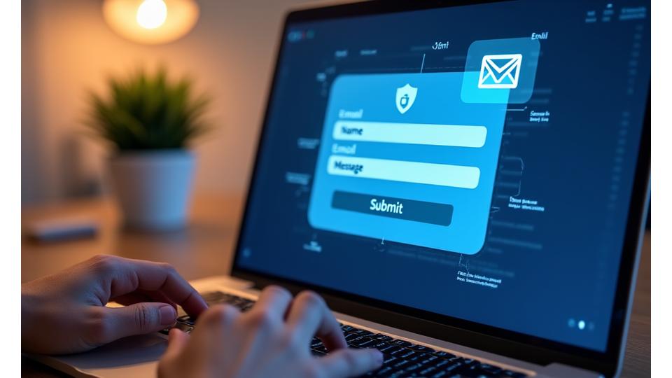 Uma pessoa enviando uma mensagem em um formulário digital seguro, com ícones de selo de segurança e um envelope, representando comunicação protegida para questões de privacidade.