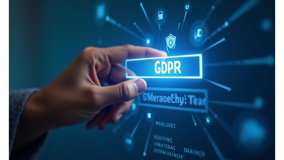 Uma mão clicando em um botão digital com um ícone de escudo e texto RGPD, simbolizando controle do usuário sobre seus dados.
