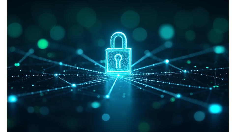Uma rede de segurança digital intricada, com nós luminosos interconectados, e um cadeado gigante ao centro, representando múltiplas camadas de proteção e criptografia.