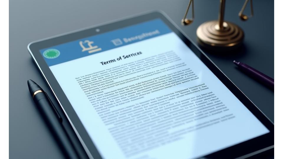 Um contrato digital exibido em uma tela de tablet com uma caneta touch e um ícone de martelo de juiz ao fundo, simbolizando termos legais e acordos.