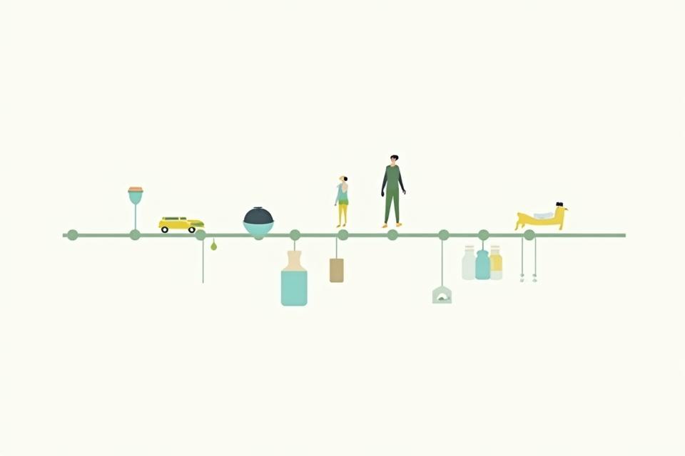 Representação de uma timeline diária com ícones de atividades (trabalho, refeição, exercício, lazer), mostrando como novas atividades de bem-estar são harmoniosamente inseridas.